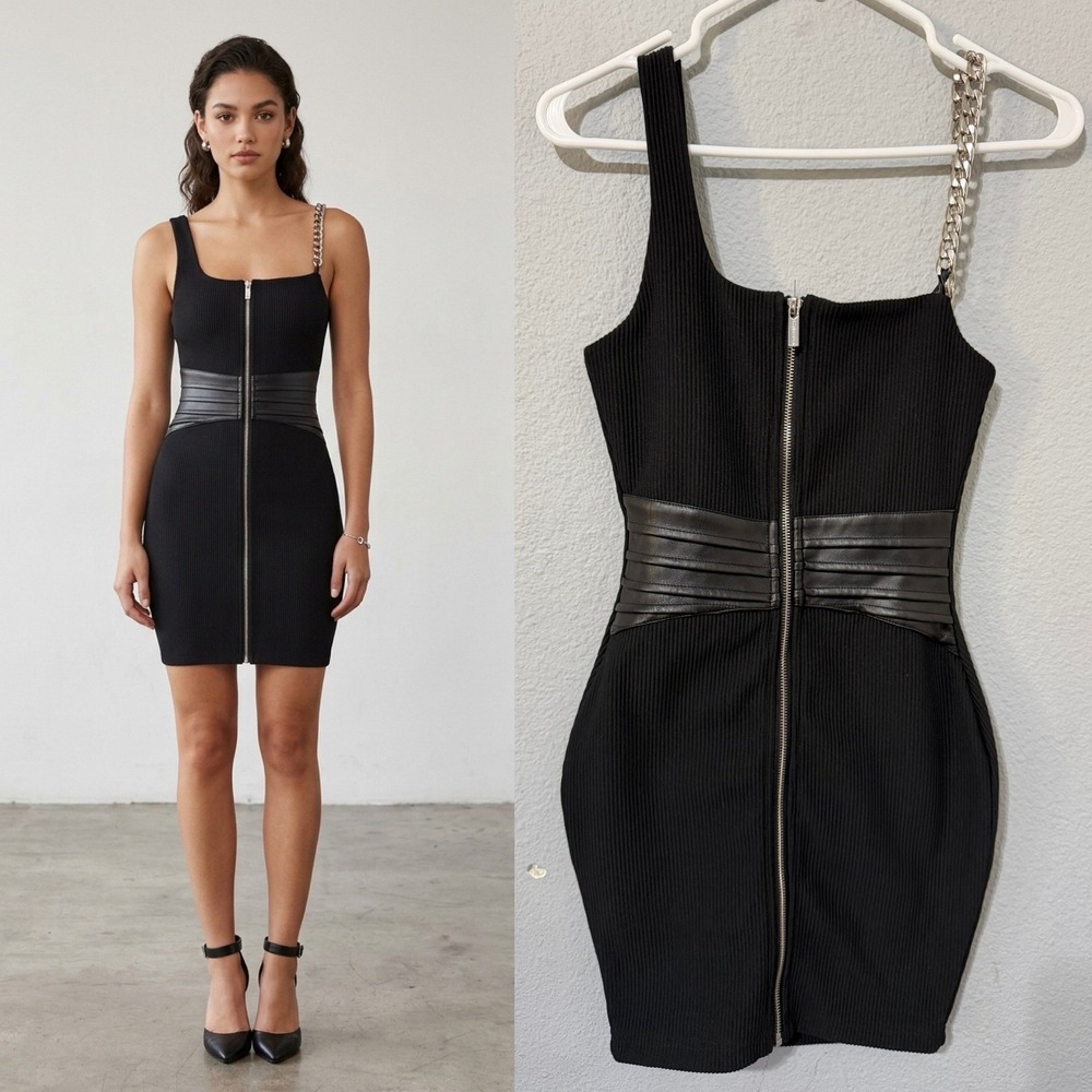 Maniere De Voir Size 2 Luxury Mini Dress Black Ribbed Zip Front Chain Strap Goth